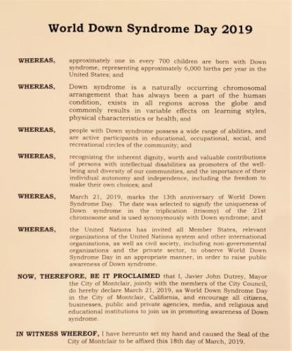 The Mayor Proclaims 3/21 World Down Syndrome Day for the City of Montclair!